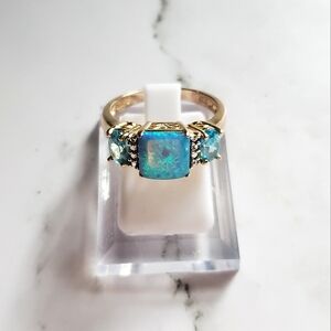Blue Opal Rhinestone Gold Sterling Silver Ring, size 8